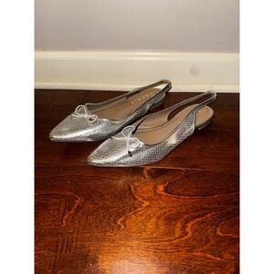 Esprit Petra Silver Metallic Perforated Slingback Pointed Toe Bow Flats 8.5M